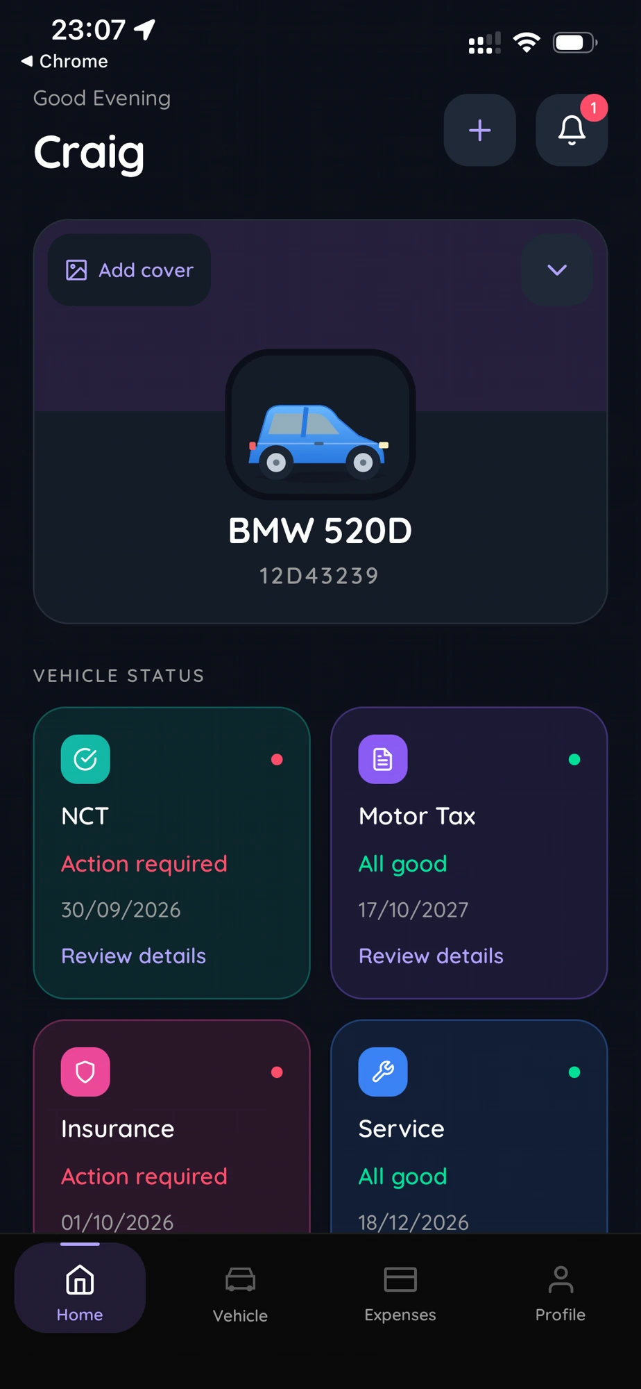 Karjay app - Home dashboard