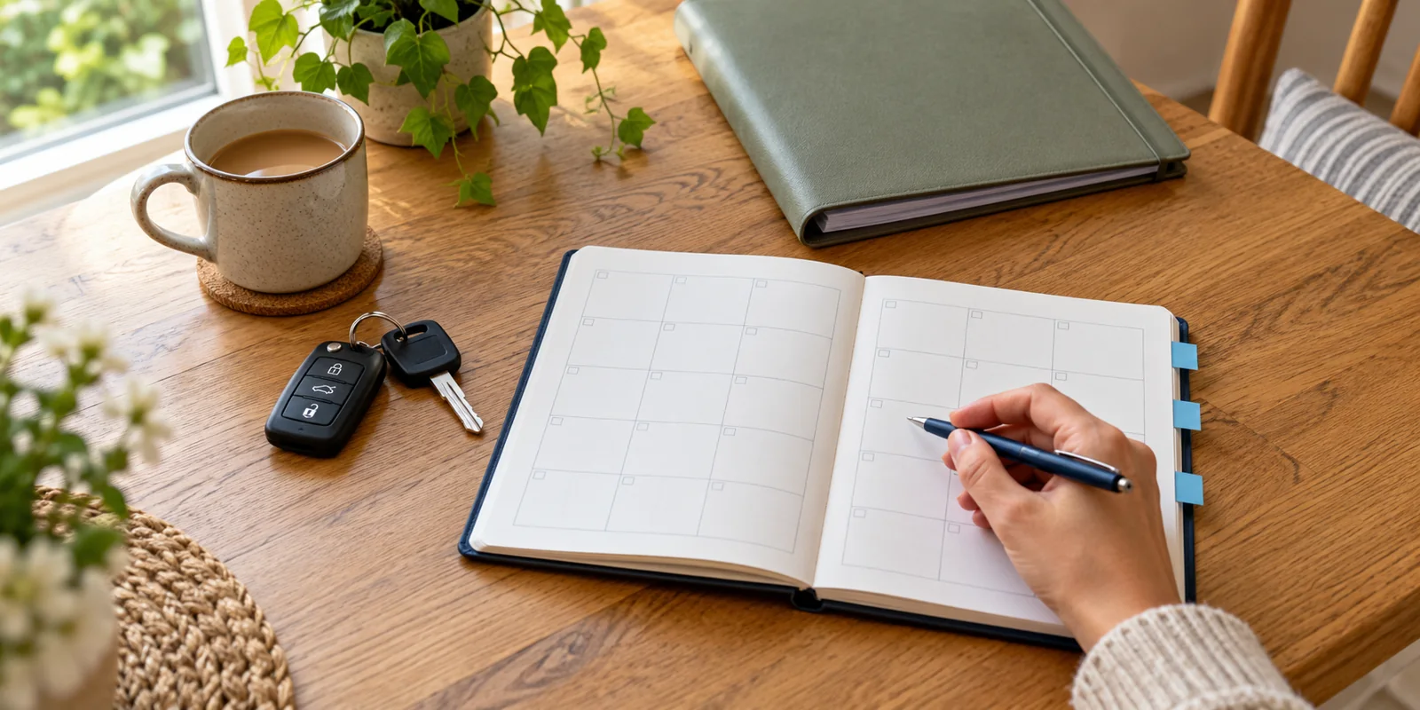 Car keys beside an open paper planner, a pen and a document folder on a kitchen table.