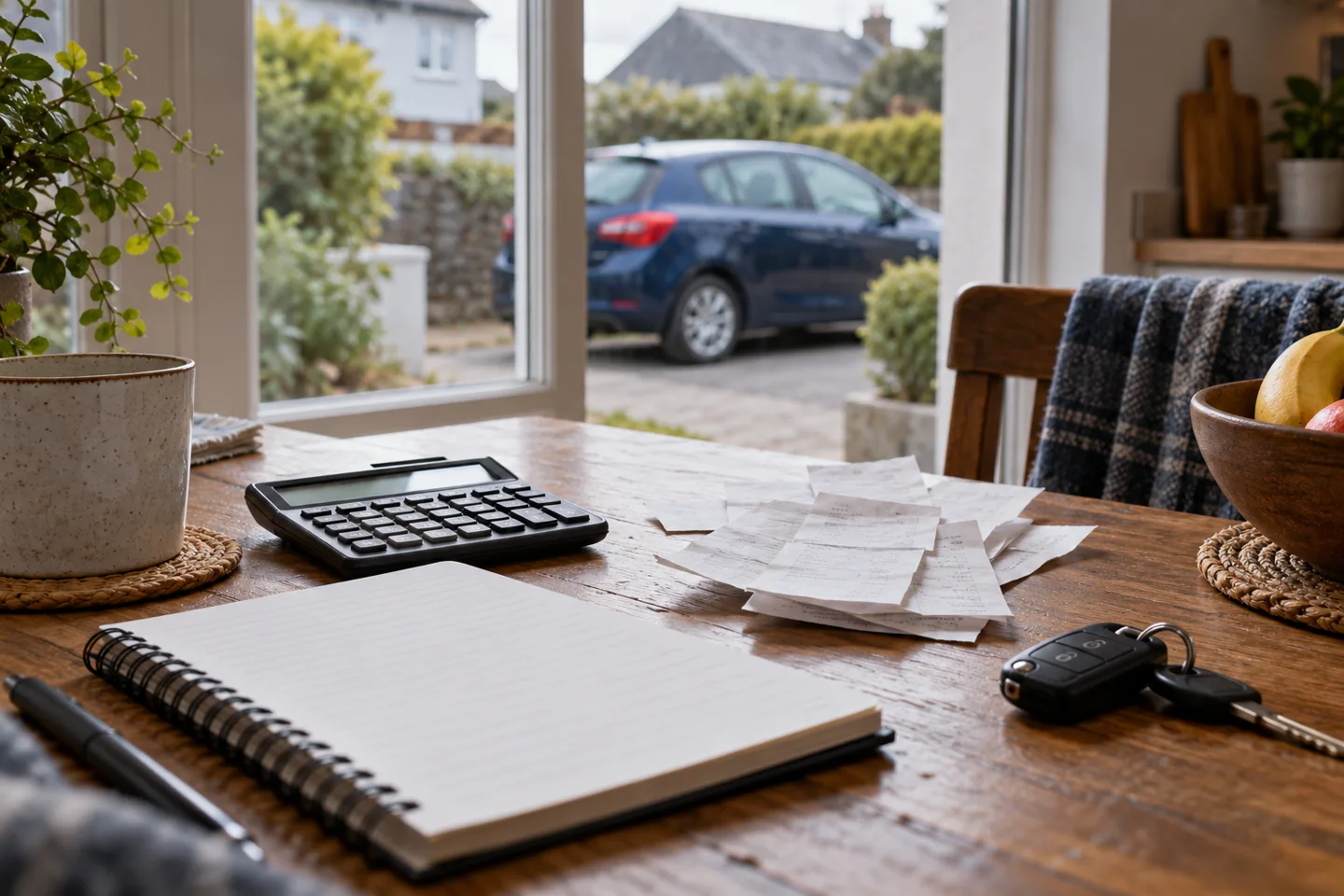 Car keys, receipts, a notebook and calculator on a kitchen table, with a car visible outside.