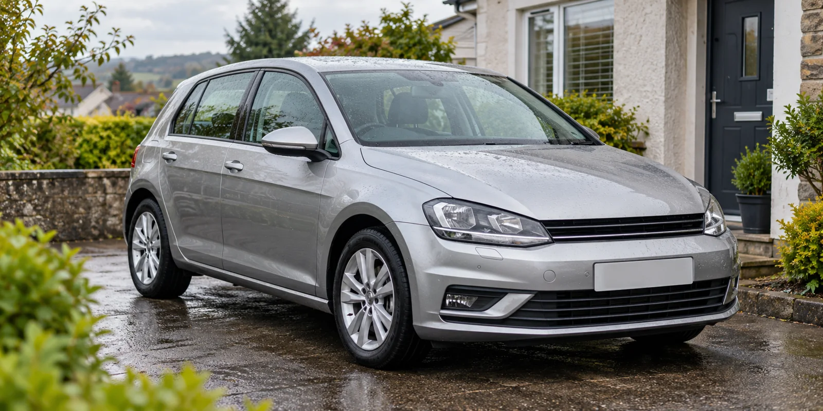 A silver hatchback parked on a wet driveway outside an Irish home, with its headlights and tyres visible.